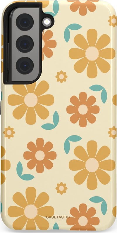 Casetastic hoesje geschikt voor Samsung Galaxy S22 - Dubbellaagse bescherming - Flower power Retro Bloemen - Geel - Oranje - Blauw - Fashion Case - Crème Goud Perzik