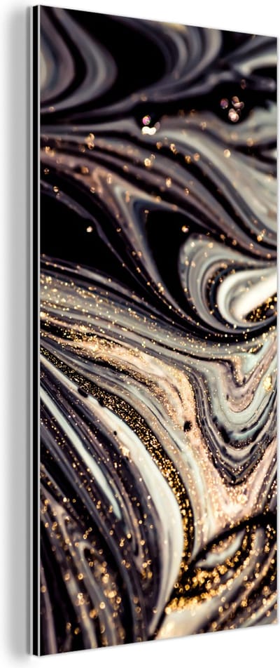 Wanddecoratie Metaal - Aluminium Schilderij Industrieel - Marmerlook - Zwart - Goud - Wit - Glitter - Marmer - 80x160 cm - Dibond - Foto op aluminium - Industriële muurdecoratie - Voor de woonkamer/slaapkamer