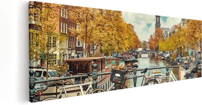 Artaza Canvas Schilderij Grachten Amsterdam - 60x20 cm - Wanddecoratie Herfst - Muurdecoratie Fiets - Kamer Accessoires Woonkamer