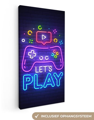 Canvas schilderij 20x40 cm - Wanddecoratie Gaming - Neon - Let's Play - Controller - Quotes - Muurdecoratie game room - Gaming kamer decoratie - Gameroom accessoires - Schilderijen