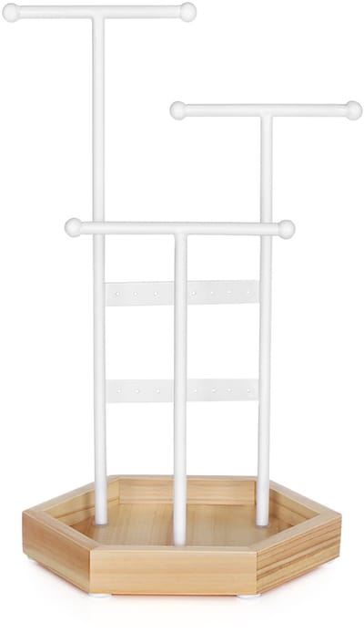 Sieradenrek opbergrek, eenvoudig, stijlvol en elegant, stevig en duurzaam metalen frame, geschikt voor het opbergen en tentoonstellen van verschillende sieraden, 20,5 x 18 x 36 cm, wit + naturel