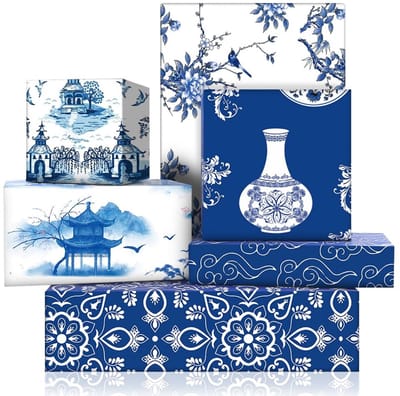 Dailygoods- Inpakpapier 6 Vellen - Blauw/Wit Porselein - Chinese Elementen - Kerstmis/Babyshower - Verjaardagscadeaus - Hoogwaardige Kwaliteit - Cadeaupapier
