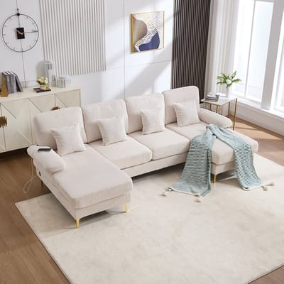Komhtom Moderne U-bank met sfeerverlichting en USB-C-poort. Massief houten frame, 4 luxe kussens en ergonomische rugleuning van topkwaliteit voor maximaal comfort, beige.