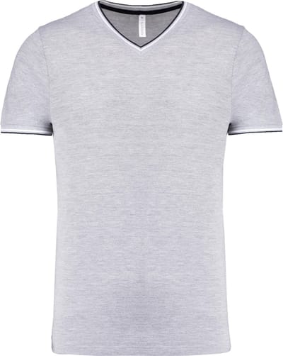 Grijs met blauw-wit t-shirt met streepje bij kraag en mouw V-hals merk Kariban maat 3XL