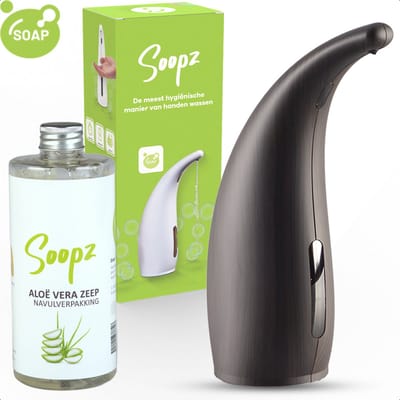 Soopz Automatische Zeepdispenser – Donker Hout – Dark Wood Classic – Zeeppompje met Bewegingssensor – Met Aloë Vera Zeep