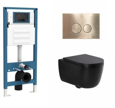 QeramiQ Dely Swirl Toiletset - inbouwreservoir Qeramiq Flush - 35mm zitting - metaal messing geborsteld bedieningsplaat - ronde knoppen - mat zwart