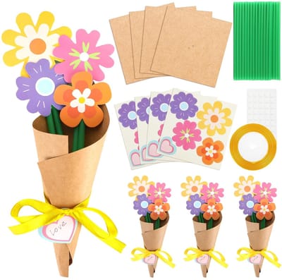 Dailygoods- Boeketten Doe-Het-Zelf Set - 8 Vellen Bloemkarton - 120 Stickers - Bruin Kraftpapier - Geel Lint - Perfect voor Moederdag - Knutselset