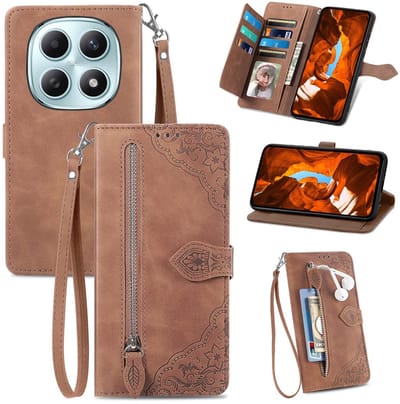 Telefoonhoesje geschikt voor Xiaomi Poco M8 5G / Redmi Note 15 5G / 15 4G - Portemonnee met rits - book-case hoesje - ruimte voor 7 pasjes - mandala bloemen bruin