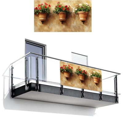 Balkonscherm 200x110 cm - Balkonposter Bloempotten - Muur - Vintage - Balkon scherm decoratie - Balkonschermen - Balkondoek zonnescherm