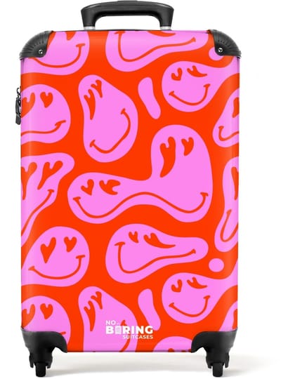 NoBoringSuitcases.com - Koffer dames - Abstracte smileyfiguren met hartogen op rood en roze - Past binnen 55x40x20 cm en 55x35x25 cm - Trolley handbagage vrouwen - Valiezen met wieltjes volwassenen - Reiskoffer op wielen - Rolkoffer lichtgewicht