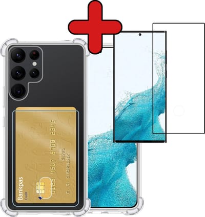 Hoesje - Geschikt voor Samsung Galaxy S22 Ultra - Met Screenprotector - Pashouder - Kaarthouder - Back Cover - Telefoon Hoes Shockproof - Siliconen Case - Shock Proof - Pasjes Houder - Telefoonhoes - Transparant