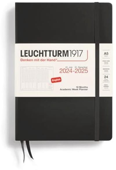 Academische Weekplanner Medium A5 2025 - 18 Maanden - Hardcover - Zwart - Engels