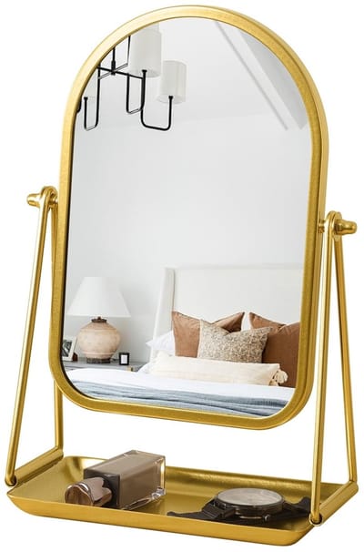 Dailygoods- Kaptafelspiegel 360° Draaibaar - Make-up Spiegel - Metalen Frame - Multifunctionele Opbergbasis - Elegant Design - Veiligheidswaarschuwing Glas