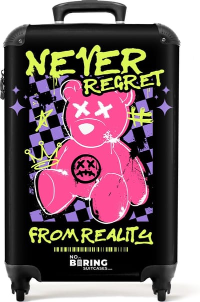 NoBoringSuitcases.com® - Handbagage koffer lichtgewicht - Reiskoffer trolley - Slogan 'Never Regret' met teddybeer als graffiti - Rolkoffer met wieltjes - Past binnen 55x40x20 en 55x35x25