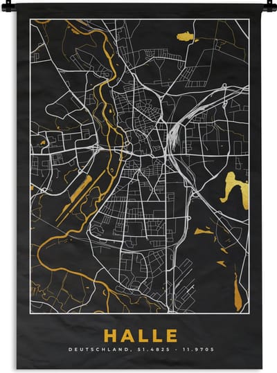 Wandkleed - Wanddoek - Halle - Stadskaart - Goud - Plattegrond - Kaart - Duitsland - 120x180 cm - Wandtapijt