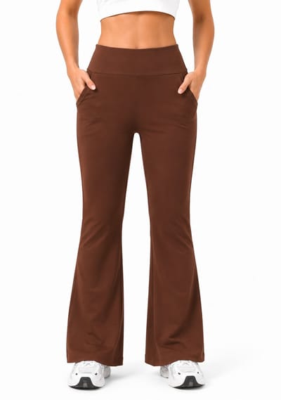 SparkNine Horizon flare broek - dames legging met zakken - petite pijplengte - S - bruin - hoge taille - stijlvol & elastisch - sportlegging