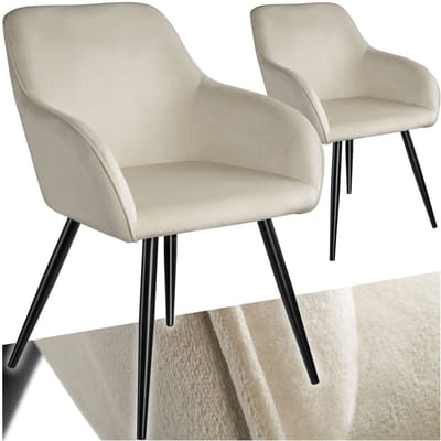 tectake® Eetkamerstoel Marilyn - Set van 2 - Met Armleuningen - Elegante Stoel met Gevoerde Zitting in Fluweellook - Gestoffeerd - Zwarte metalen poten - Ergonomische Keukenstoel - Stoel voor Woonkamer, Eetkamer en Slaapkamer - Creme