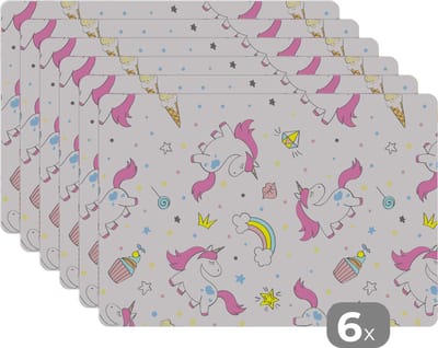 Placemat - Placemats kunststof - 45x30 cm - Unicorn - Regenboog - Patroon - 6 stuks - Borden onderleggers antislip - Tafel decoratie - Luxe tafelversiering - Tafelmat vinyl - Bord onderlegger - Tafeldecoratie accessoires