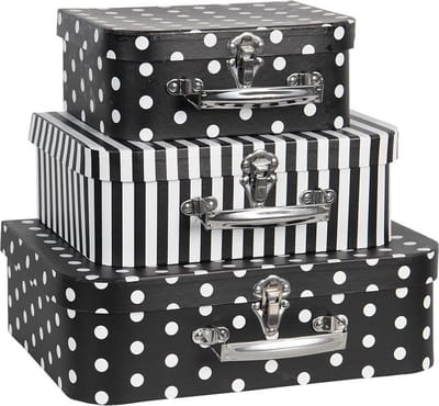 Clayre & Eef Decoratie koffer Set van 3 30x21x9/25x18x9/20x16x8 cm Zwart Wit Karton Rechthoek Opbergkoffer Koffer