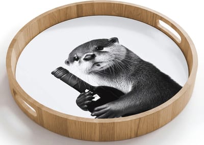 Dienblad rond 40x40 cm - Schootdienblad hout - Wijnfles - Otter - Zwart - Borrelplank rechthoek - Plateau houten dienbladen