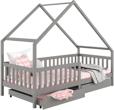 ALVA-bed in huisvorm 90 x 200 cm van massief grenenhout met lades - grijs