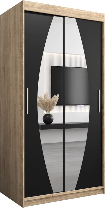InspireMe - Kledingkast met 2 schuifdeuren, Modern-stijl, Een kledingkast met planken en een spiegel (BxHxD): 100x200x62 - GLOBE 100 Sonoma Eik + Zwart Mat met 2 lades