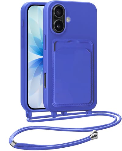 Hoesje Geschikt voor iPhone 17 Hoesje Met Telefoonkoord en Pasjeshouder Siliconen - Hoes Geschikt voor iPhone 17 Hoesje Met Kaarthouder Case - Felblauw