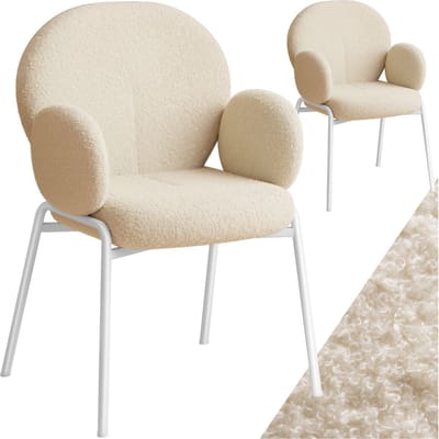 tectake® Eetkamerstoelen met Armleuning - Set van 2 - Scandi Stoel - Eetkamerstoel - Stoelen voor Eetkamer en Eettafel - Keukenstoelen - Bekleding van Bouclé Teddystof - Klassiek - Crème
