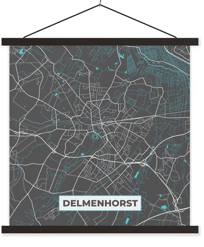 Posterhanger incl. Poster 40x40 cm - Schoolplaat - Kaart – Plattegrond – Stadskaart – Delmenhorst – Duitsland – Blauw - Textielposter - Zwarte latten - Stadskaart