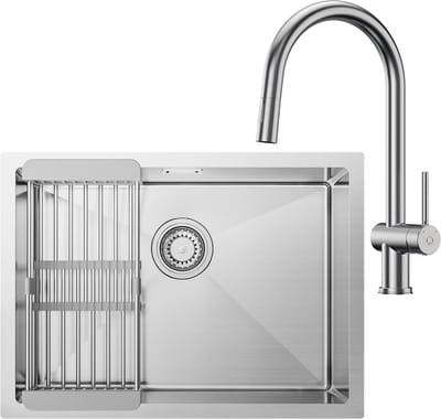 CECIPA Max Spoelbak Keuken 60X44CM - Spoelbakken Keuken Met Keukenkraan Met Uittrekbare Uitloop - Enkele spoelbak - Gootsteen van roestvrij staal - Incl. Sifon en Afvoerzeefje