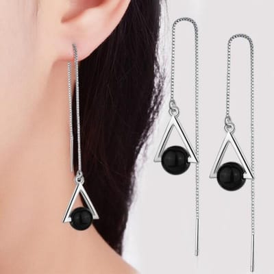 Mooie Driehoek Geometrische 925 Sterling Zilveren Sieraden Lange Overdreven Natuurlijke Zwarte Kristallen Kwastje Dangle Oorbellen E184 beige