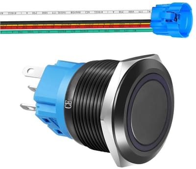 Gebildet 110V-220V 22mm roestvrijstalen kortstondige drukknop LED 1NO1NC SPDT AAN UIT waterdichte knop met draadstekker (blauw LED en zwarte schaal)