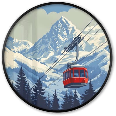 Poster in lijst Rond - Fotolijst 60x60 cm - Posters - Kabelbaan - Sneeuw - Berglandschap - Ronde posterlijst zwart - Decoratie - Wanddecoratie woonkamer - Muurdecoratie slaapkamer