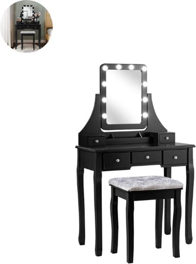 Kaptafel met spiegel en verlichting - Make up tafel - Make up - Toilettafel - Met lades - 80cm x 40cm x 135,5cm (L x B x H) - Zwart