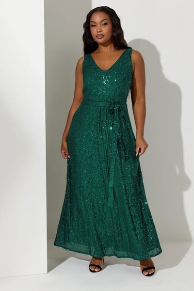 Yours London Mouwloze Maxijurk Met Pailletten En Tailleband In Groen Size 44