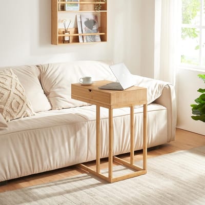 Bijzettafel met lade - Laptoptafel C-vormig - Werken en opbergen - Duurzaam bamboe materiaal - 68x55x35 cm - Naturel