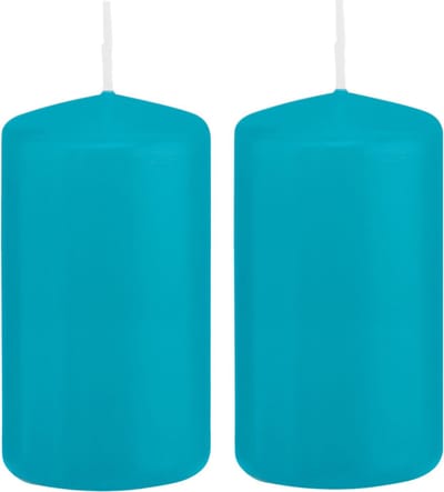Trend Candles Cilinderkaars/stompkaars - 2x - turquoise - 5 x 10 cm - 23 branduren - met brandvertragende folie