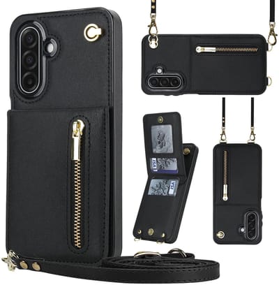 Multimedia & Accessoires Stijlvolle Leren Fashion Backcover Case Hoesje met Koord, Stand Ritsvak en Pasjeshouders geschikt voor Samsung Galaxy A17 - Zwart