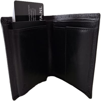 OI LUXE bruine leren billfold met cardprotector / normale portemonnee met Figuretta pasjeshouder / complete portemonnee met anti skim kastje / leren beurs met metalen pasjeshouder / glad zwart leer / 115Black CRUNCH