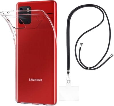 Set met hoesje en nekband voor Samsung Galaxy note 10 lite - Flexibele, transparante TPU-bescherming, verstelbare universele nekband voor mobiele telefoons, zwarte nekband, transparante draagriem van Phonillico®