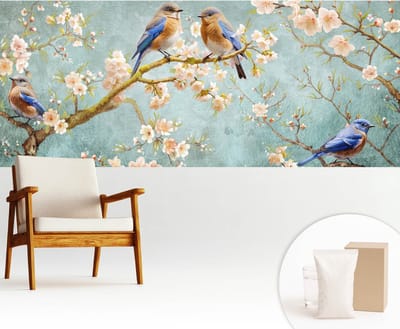 Wallfluent Behang - Lente vogels Muurbehang - 250x104 cm - Blauw Behang - Voor natuurliefhebbers - Behang Voor de slaapkamer, woonkamer en kantoor - Wandbekleding Bloemen en planten
