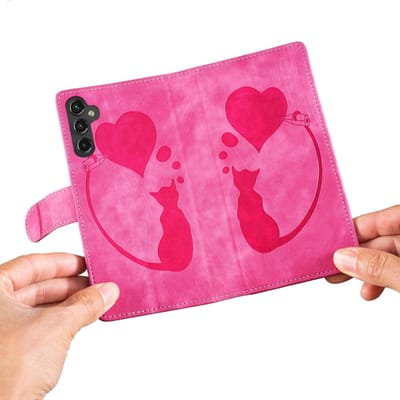 BoekCover Hoes Etui geschikt voor Samsung Galaxy A57 - Kat en Hart - Roze - Reliëf