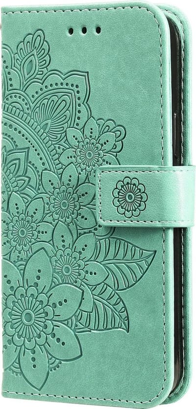 Hoesje geschikt voor iPhone 7 - Bookcase - Pasjeshouder - Portemonnee - Bloemenprint - Kunstleer - Turquoise