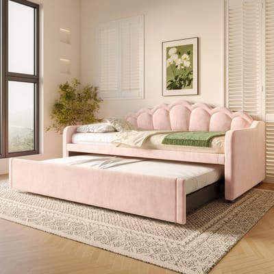 Dagbed met uitschuifbaar bed - Slaapbank - Eenpersoonsbed (zonder matras) - tweepersoonsbed - fluweel - kleurveranderende ledstrip - 90x200cm(180x200cm) - roze
