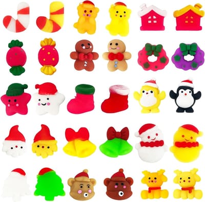 30 Stuks Kawaii Kerst Mochi Squishy Speelgoed, Schattige Knijpfiguren voor Kinderen, Perfect voor Feestjes en Adventskalenders