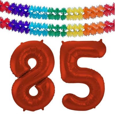 Folat Verjaardag Leeftijd folieballon - 85 jaar - rood - 86 cm - cijferballon groot - incl 2x feestslingers
