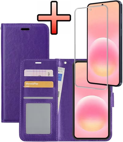 Hoesje - Met Screenprotector - Geschikt voor Samsung Galaxy A57 - Luxe Pasjeshouder - Bookcase Portemonee - Flip Case - Kunstleer Book Case - Flipcase - Book Cover - Walletcase - Portemonneehoes - Paars