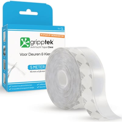 GrippTek® Anti-Tocht Tape Clear - 5 Meter x 45 mm - Tochtstrips voor Deuren - Zelfklevend - Isolerend - Tochtstopper - Tochtrol - Tochtband - Tochtwering - Hoogwaardig Siliconen - Transparant