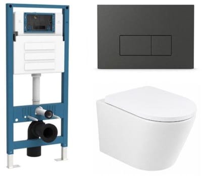 QeramiQ Dely Toiletset - inbouwreservoir Qeramiq Flush - 35mm zitting - kunststof mat antraciete bedieningsplaat - rechthoekige knoppen - mat wit