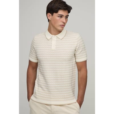 Regular Textured Stripe Knitted Polo T-Shirt | Stone | Size XS